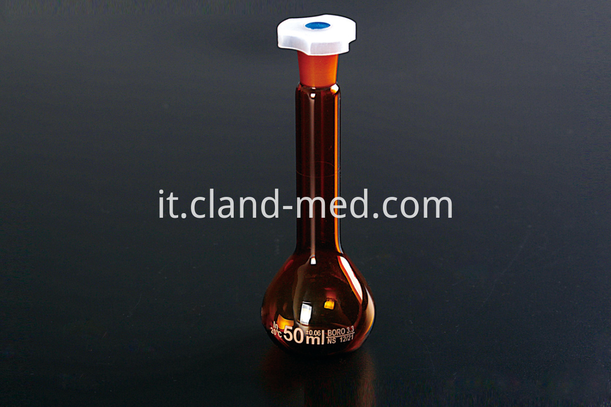 1622 Volumetric Flask with One Graduation Mark ,Amber Ground -in Glass Stopper OR Plastic Stopper